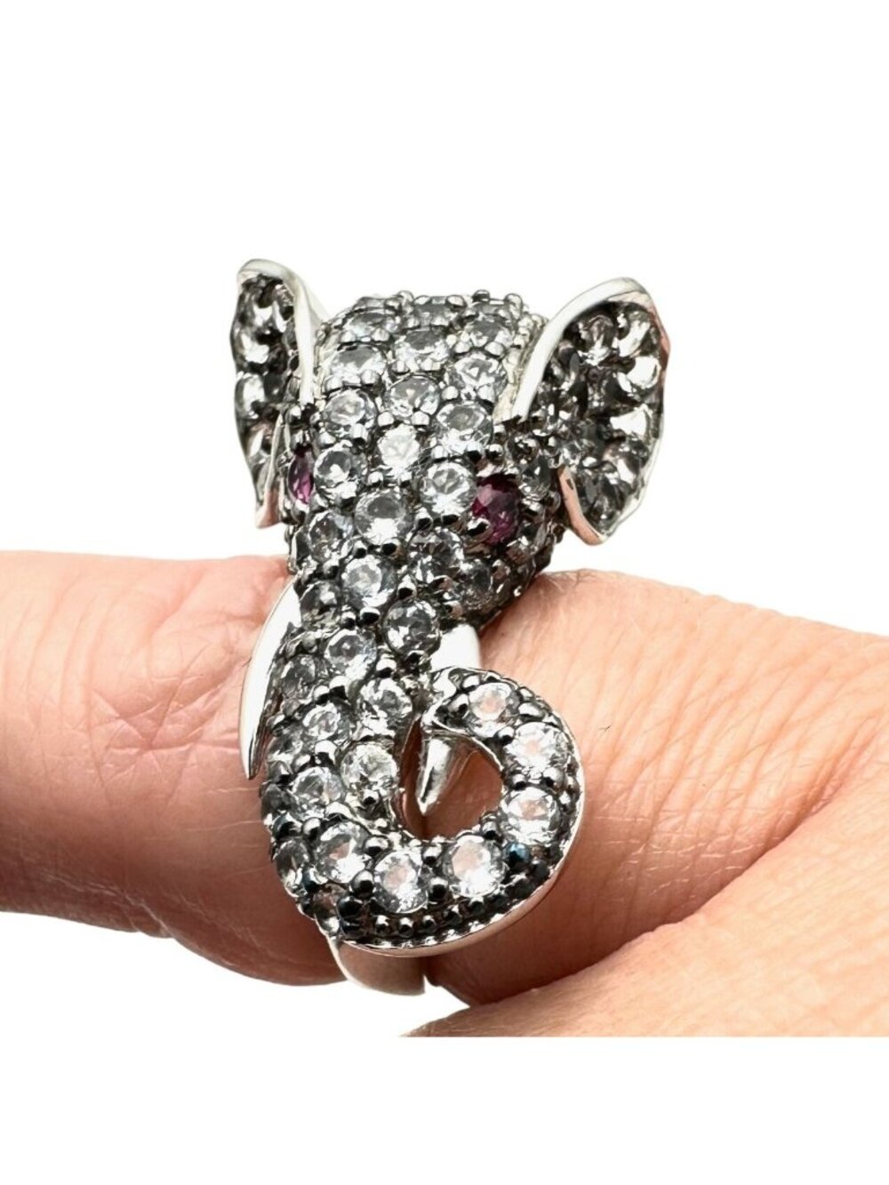 Sima K Sterling Silver Womens Ring White Topaz Ruby Elephant Design Size 6